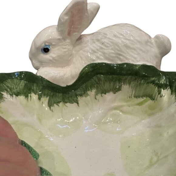Vintage Ceramic Rabbit & Cabbage Bowl Hand-Painted Decorative Dish Green & White - Picture 3 of 7